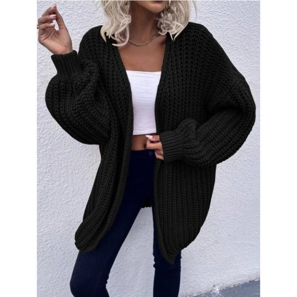 black Chunky Knit Open front comfy cozy sweater Cardigan - Picture 2 of 10
